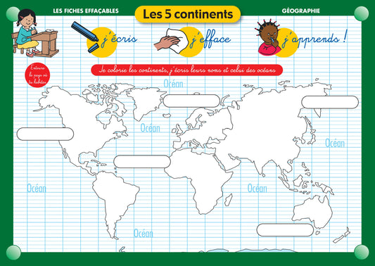FICHE EFFAÇABLE LES 5 CONTINENTS